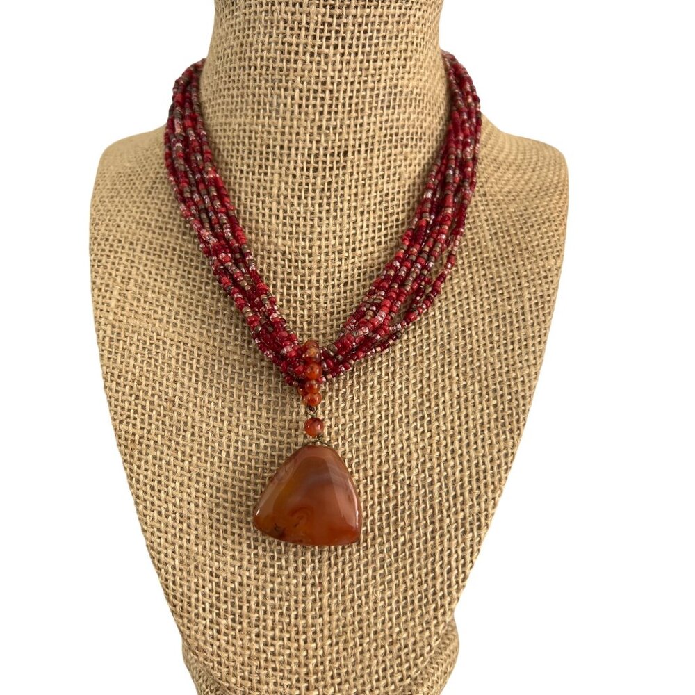 Red Beaded Multi-Strand Necklace With Agate Pendant & Adjustable Clasp 14" + 2"